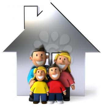 Royalty Free Clipart Image of a Family in Front of a Silver House