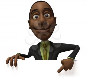 Royalty Free 3d Clipart Image of an African American Businessman Pointing at a Sign Board