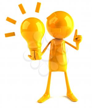 Royalty Free 3d Clipart Image of a Yellow Guy Holding a Large Lightbulb