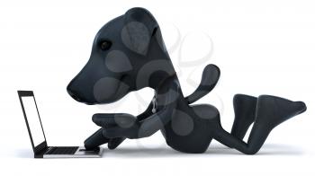 Royalty Free 3d Clipart Image of a Black Dog Laying in Front of a Laptop Computer