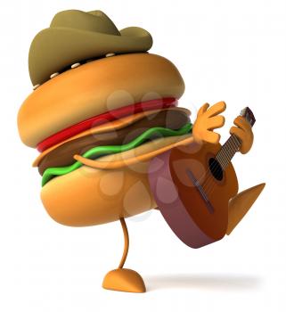 Royalty Free Clipart Image of a Hamburger in a Cowboy Hat Playing a Guitar