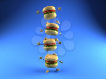 Royalty Free 3d Clipart Image of a Stack of Hamburgers