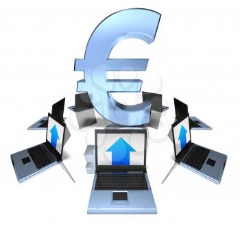 Royalty Free 3d Clipart Image of a Euro Symbol Surrounded by Laptop Computers