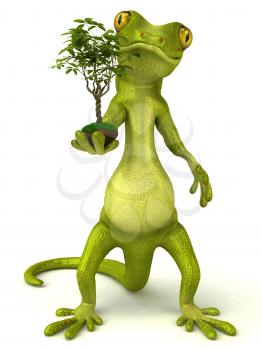 Royalty Free 3d Clipart Image of a Gecko Holding a Plant