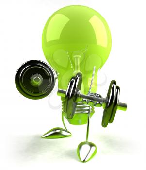 Royalty Free 3d Clipart Image of a Green Light Bulb Lifting Dumbbells