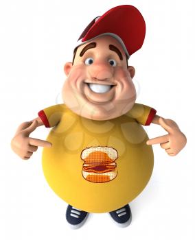 Royalty Free Clipart Image of an Overweight Man Pointing to the Burger on His Shirt
