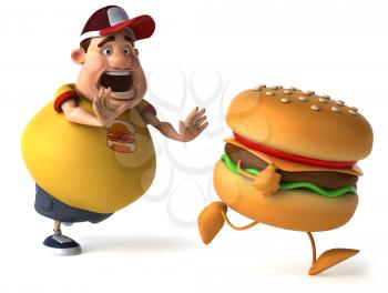 Royalty Free Clipart Image of an Overweight Man Chasing a Hamburger