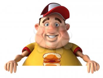 Royalty Free Clipart Image of a Chubby Man With a Hamburger on His Shirt and Wearing a Cap