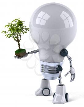Royalty Free 3d Clipart Image of a Robot Lightbulb Holding a Plant
