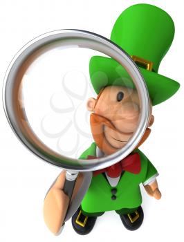 Royalty Free Clipart Image of a Leprechaun With a Magnifying Glass