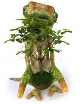 Royalty Free Clipart Image of a Lizard With a Leafy Plant