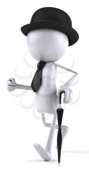 Royalty Free Clipart Image of a Blank Dude Wearing a Bowler Hat and Tie and Holding an Umbrella