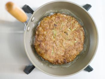 Royalty Free Photo of a Savoury Pancake Cooking in a Japanese Frying Pan