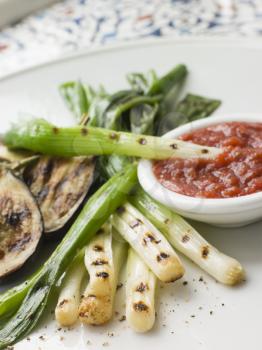 Royalty Free Photo of Griddled Spring Onions and Romesca Sauce - La Colcotada