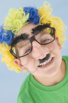 Royalty Free Photo of a Boy in a Clown Wig, Fakes Glasses and Nose