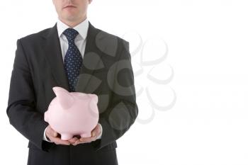 Royalty Free Photo of a Businessman With a Piggy Bank