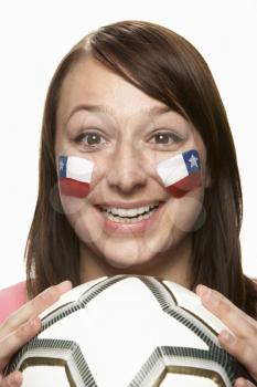 Young Female Football Fan With Chilean Flag Painted On Face
