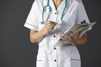 American nurse with stethoscope and clipboard