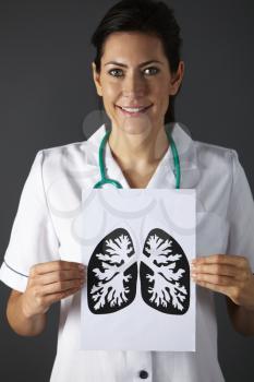American nurse holding ink drawing of lungs