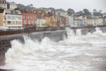 Large Waves Breaking Against Sea Wall At Dawlish In Devon