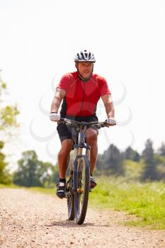 Man Riding Mountain Bike Along Path In Countryside