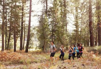 Six young adults running in a row through a forest