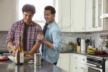 Smiling male gay couple preparing a meal at home look down