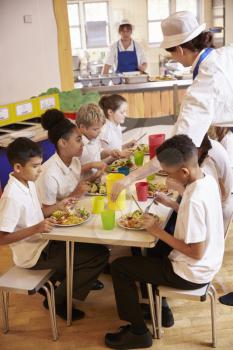 Primary school kids eat lunch in school cafeteria, vertical