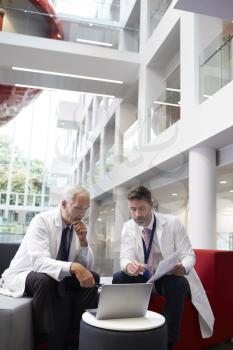 Two Doctors Having Meeting In Hospital Reception Area