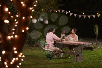 Young black couple make a toast at dinner in a garden