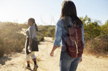 Rear View Of Mother And Adult Daughter Hiking In Countryside
