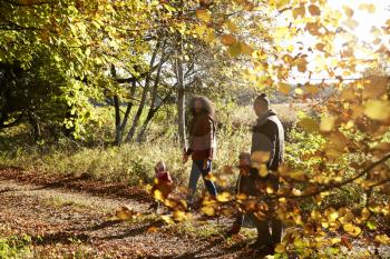 Family On Autumn Walk In Woodland Together