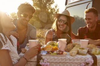 Friends having a picnic beside a camper van, close up