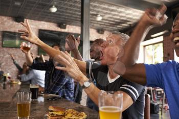 Male Friends In Sports Bar Watch Game And Celebrate