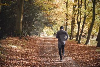 Rear View Of Mature Man Running Through Autumn Woodland