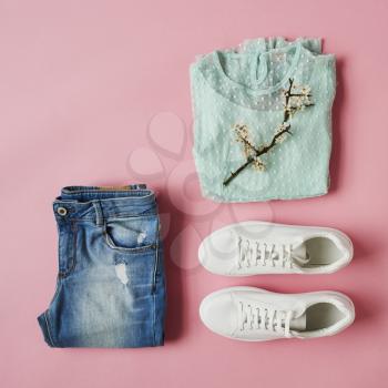 Flat Lay Shot Of Girls Spring Clothing And Accessories