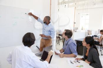 Young black man using a whiteboard in an office meeting