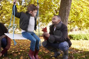 Father With Son Playing On Tree Swing In Autumn Garden