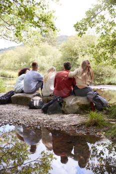 Five young adult friends taking a break sitting on rocks by a stream during a hike, back view, vertical