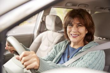 Senior woman in car driving seat looking at camera, close up