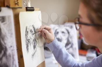 Side View Of Female Teenage Artist Sitting At Easel Drawing Picture Of Dog From Photograph In Charcoal