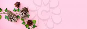 Overhead Flat Lay Autumn Banner Composed Of Ivy Leaves And Pine Cones On Pink Background