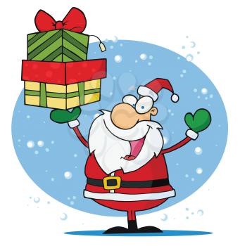Royalty Free Clipart Image of Santa Holding Presents In The Air

