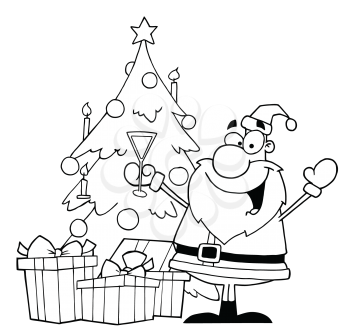 Royalty Free Clipart Image of Santa Beside A Christmas Tree

