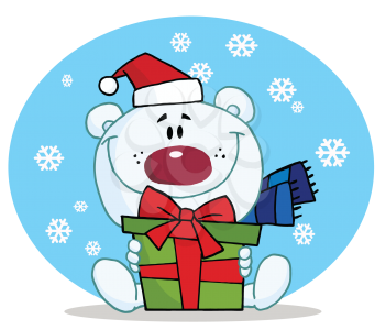 Royalty Free Clipart Image of a Christmas Polar Bear With a Gift