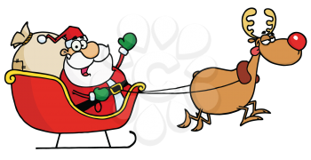 Royalty Free Clipart Image of Santa's Sleigh and Rudolph 
