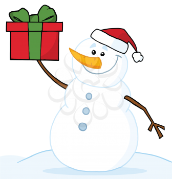 Royalty Free Clipart Image of a Snowman With a Present