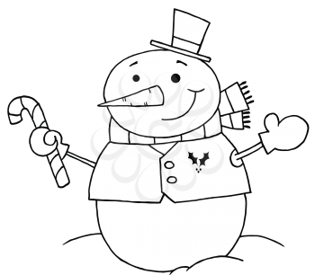 Royalty Free Clipart Image of a Snowman With a Candy Cane