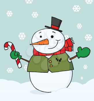 Royalty Free Clipart Image of a Snowman With a Candy Cane