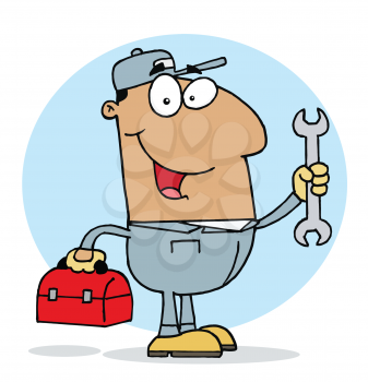 Royalty Free Clipart Image of a Man With a Wrench and Toolbox